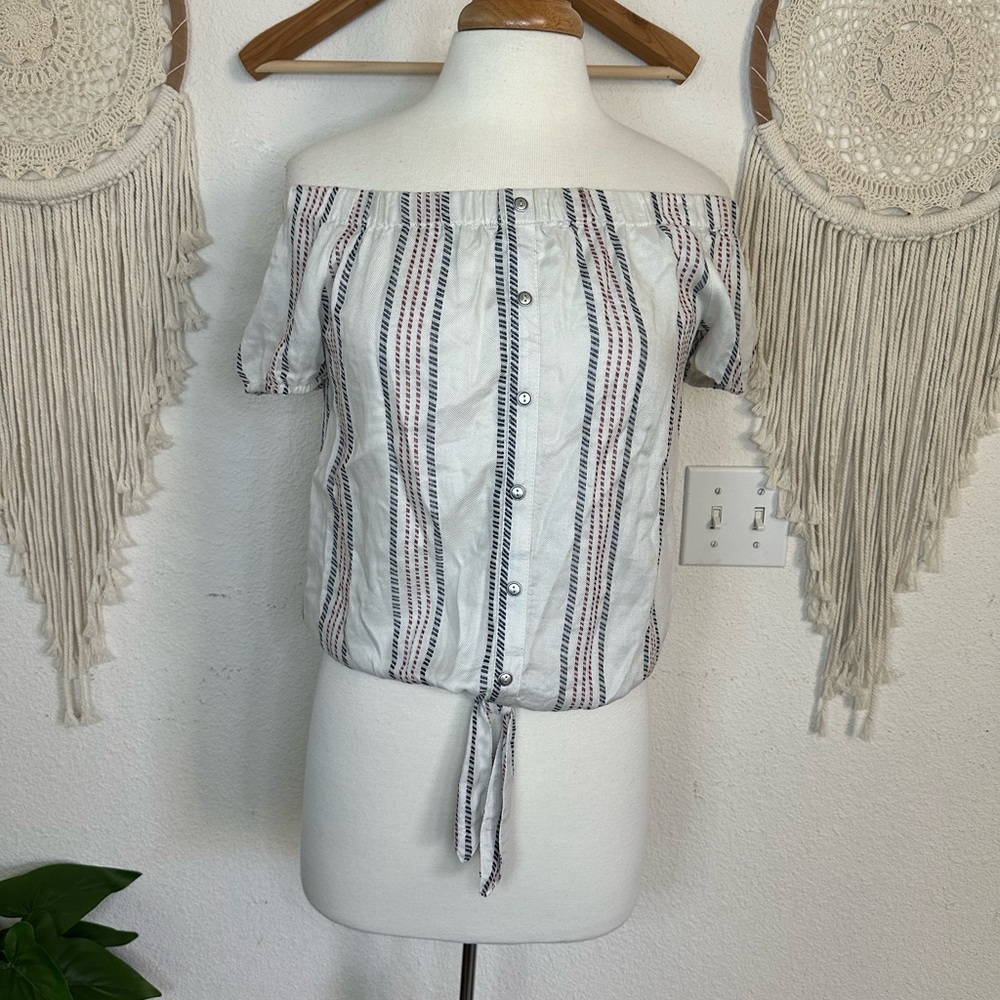 Twine and string striped off shoulder tie front top small